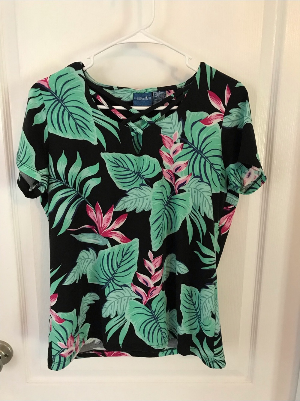 Caribbean Joe Black Tee with Green Leaf & Pink Floral Print